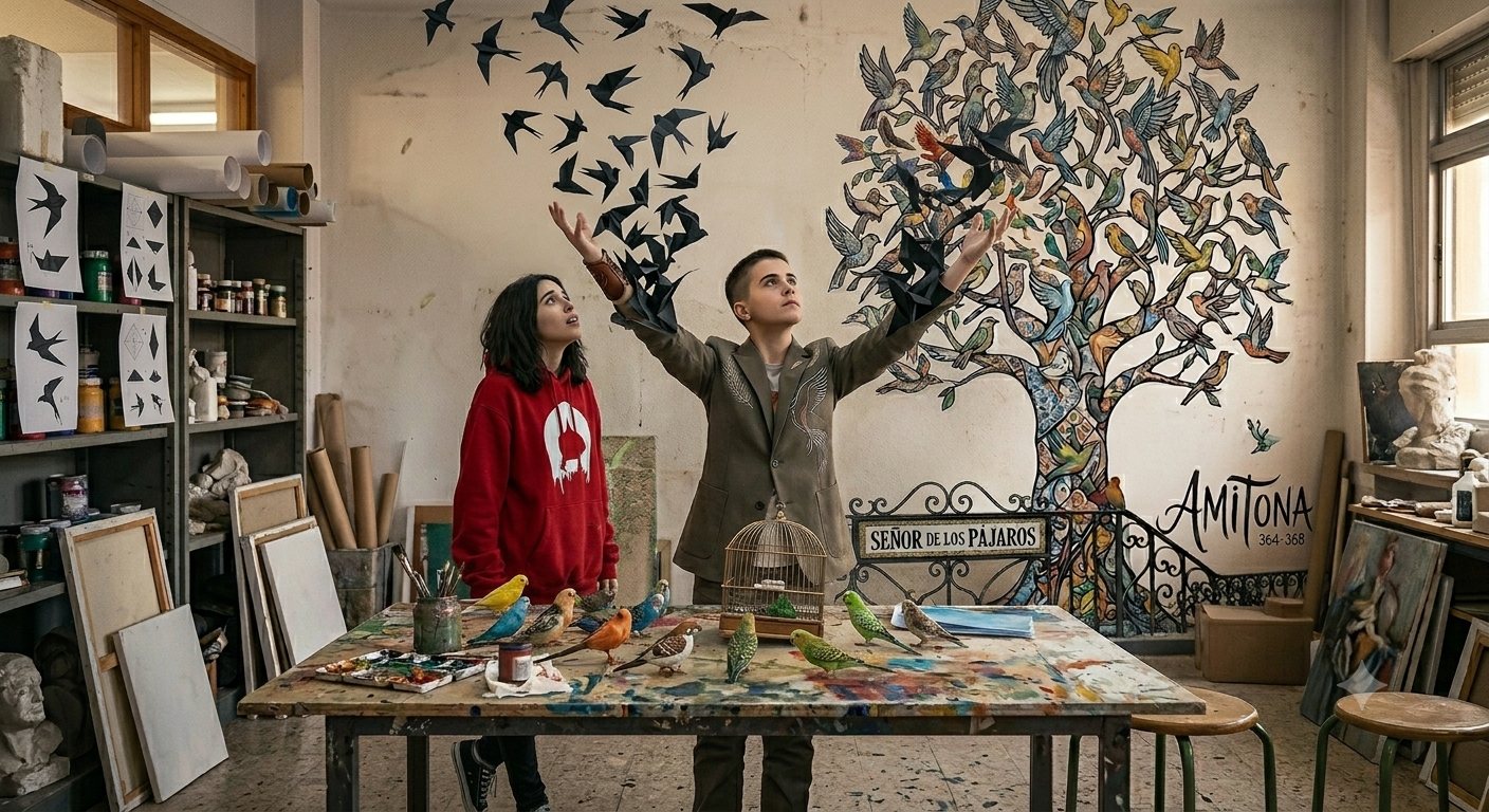 Aula de bellas artes con un mural de un árbol lleno de pájaros y la palabra AMITONA; dos niños sueltan pájaros de papel