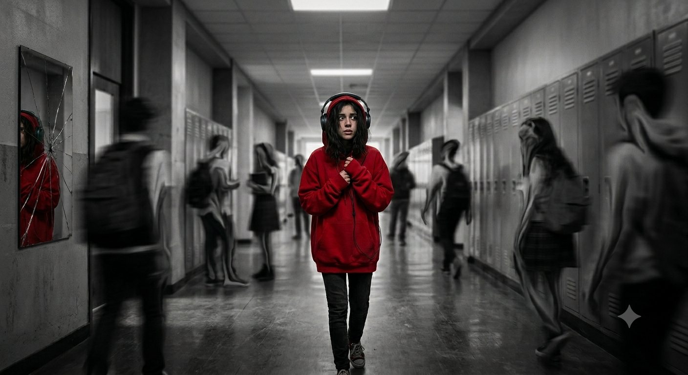 Una niña con sudadera roja camina sola por un pasillo gris de instituto mientras los demás pasan borrosos