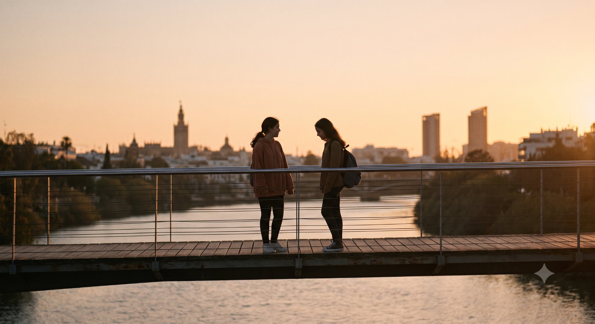 Dos niñas frente a frente en un puente sobre el Guadalquivir al atardecer, con la Giralda de Sevilla al fondo