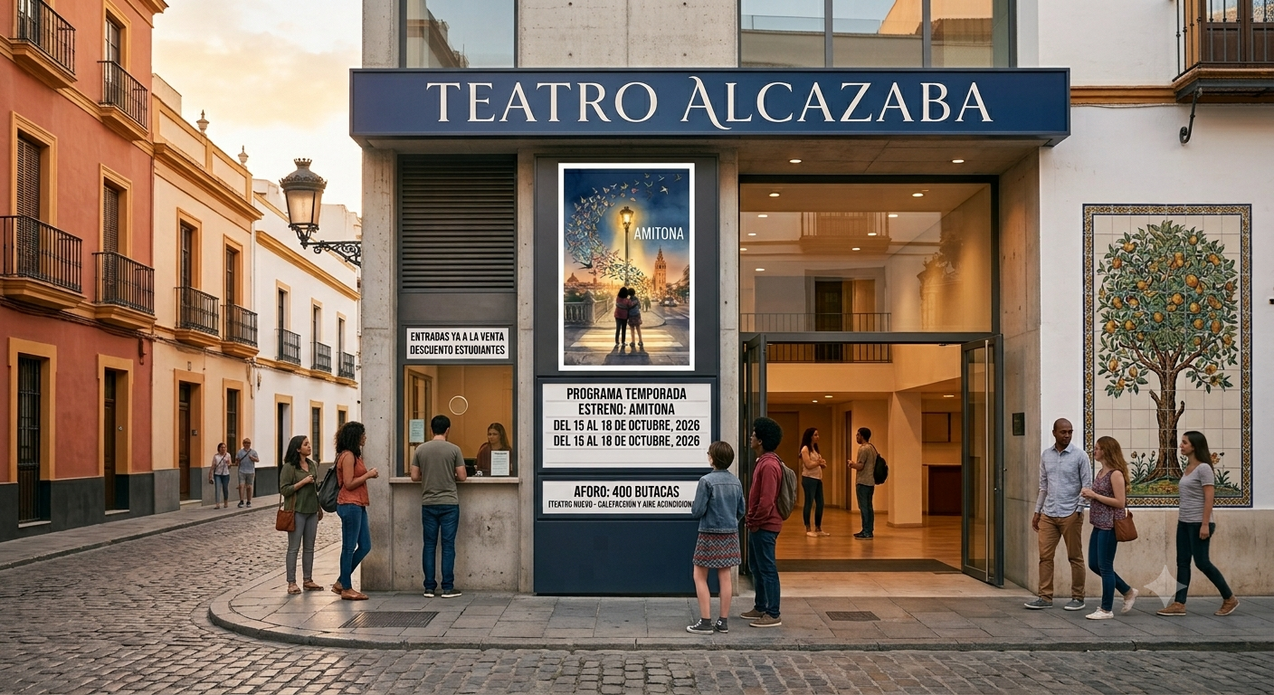 Fachada del Teatro Alcazaba en una calle de Sevilla, con el cartel de Amitona en la taquilla