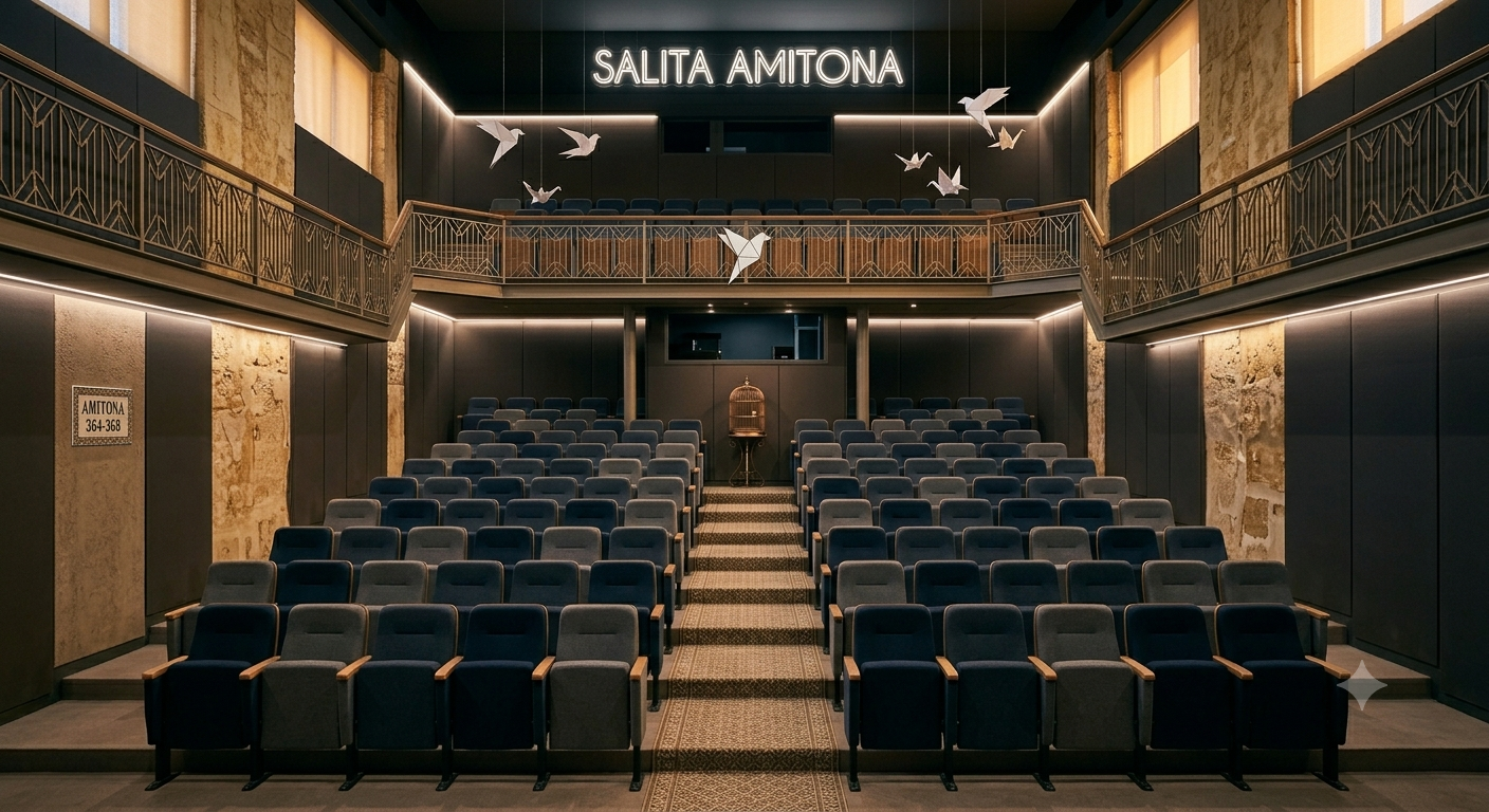 Interior de la sala del Teatro Alcazaba, la Salita Amitona, con pájaros de papel colgando sobre las butacas
